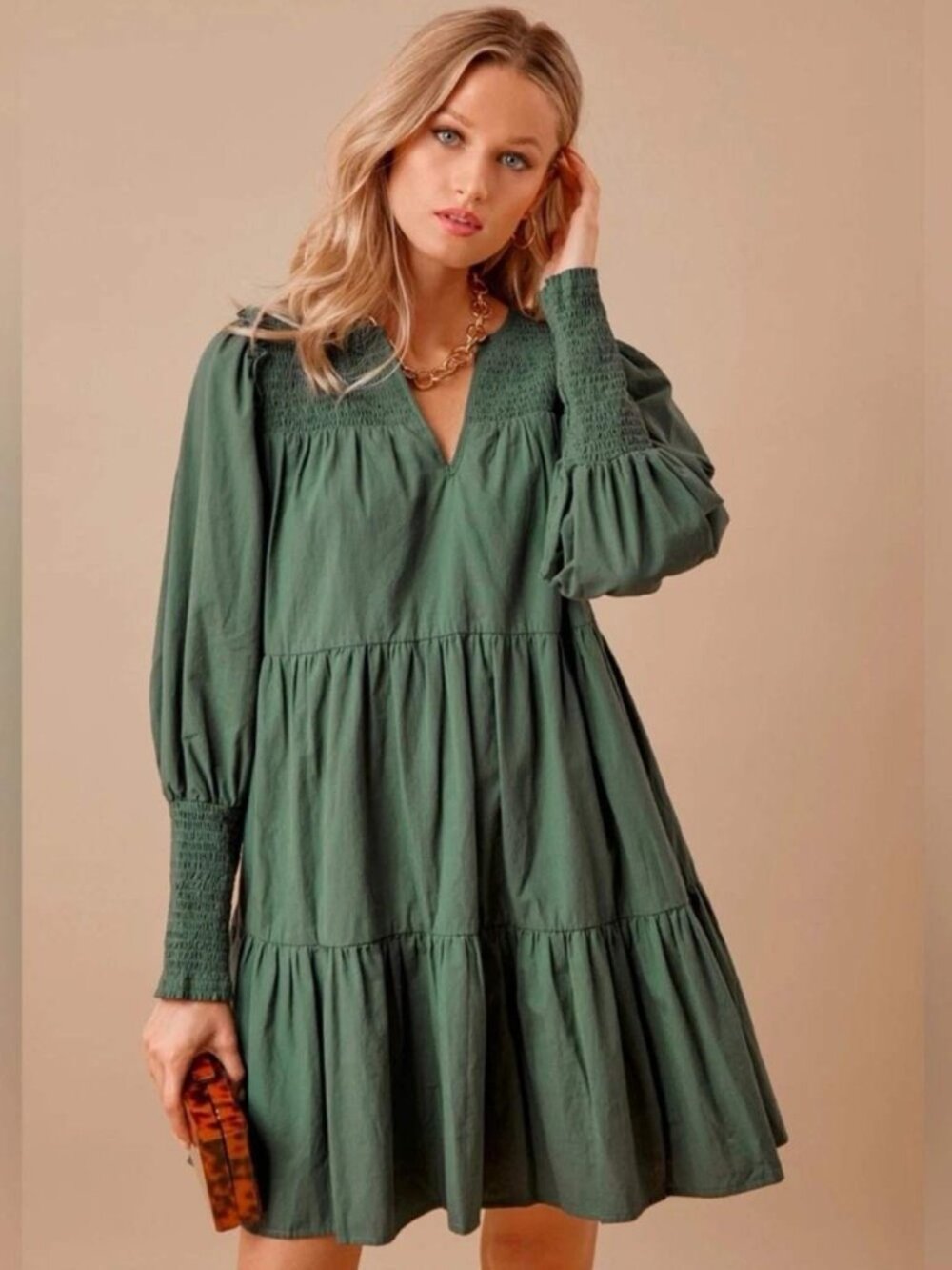 Tuckernuck Pomander Place Ceci Mini Dress Sz L Smocked Tiered Green Cotton Lined